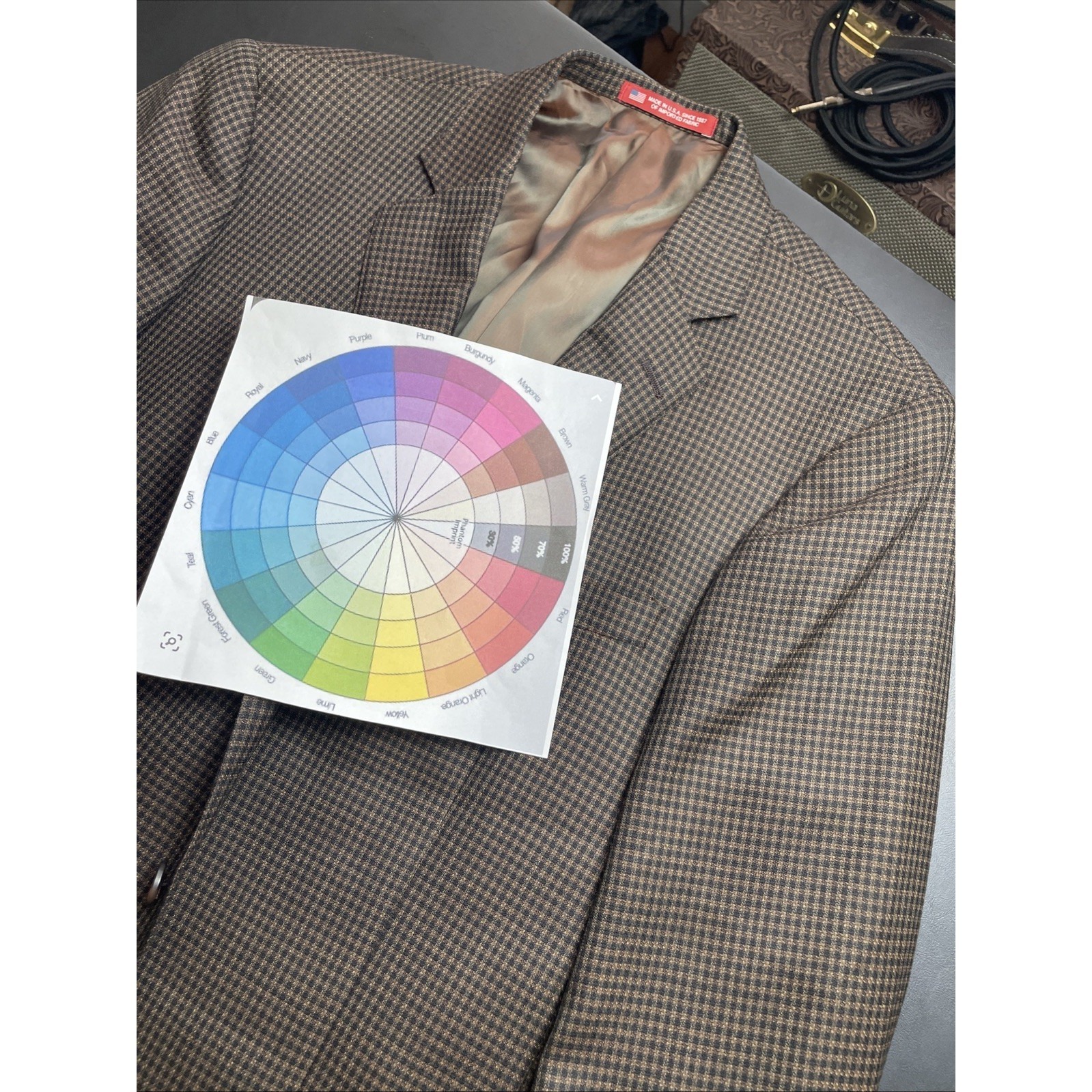 Hart Schaffner & Marx 46l Brown And Black Micro Check Blazer Wool Pockets Sown
